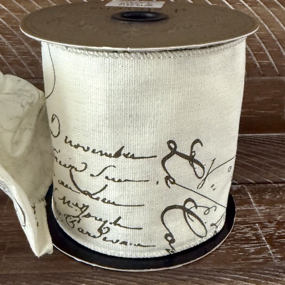 D. Stevens 4" Wired Ribbon Cream Brown Script Floral Christmas French Country - Picture 3 of 10
